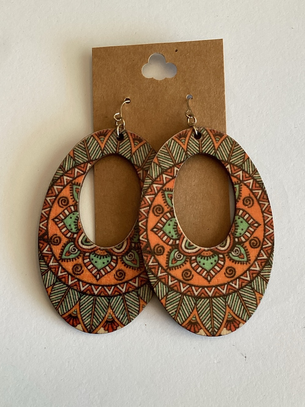 Boho‎ Oval Wooden Dangle Earrings in Orange & Mint